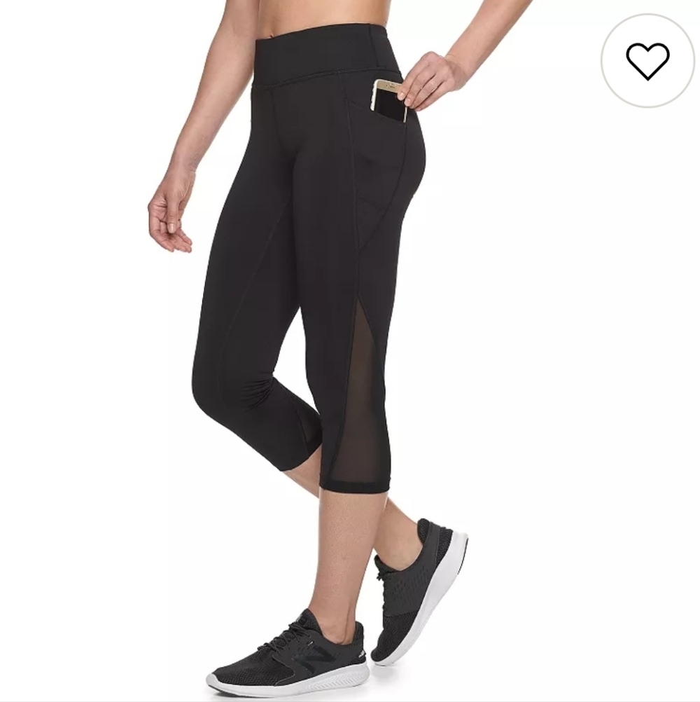 Tek Gear Black Cropped Mesh Leggings XS Pockets Mid Rise